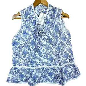 Kimberly Greene Top Womens M Blue Railay Print Lace Trim Ruffle Hem Boho Peasant
